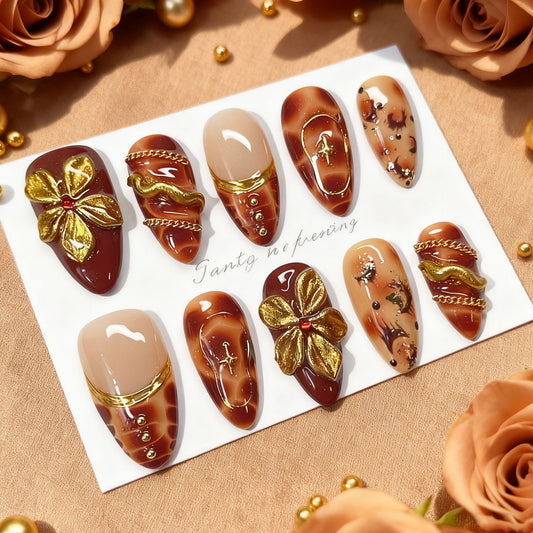 Autumn Elegance Short Almond Burgundy with Gold Floral Design Press on Nail Set