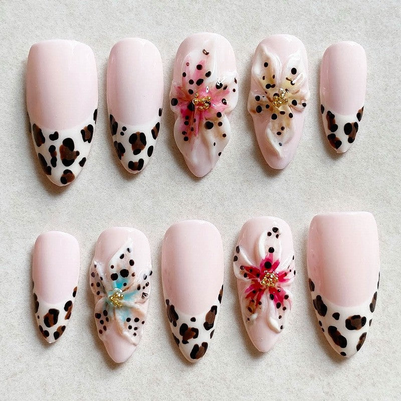 Wild Safari Medium Almond Pink Floral and Leopard Print Press On Nail Set