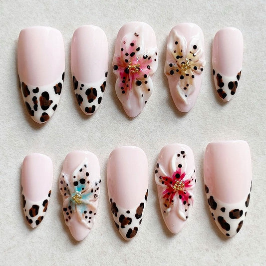 Wild Safari Medium Almond Pink Floral and Leopard Print Press On Nail Set