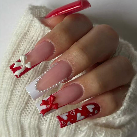 Romantic Long Square Red Heart Design Press On Nail Set