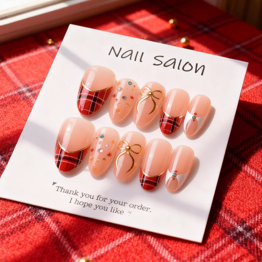 Cozy Holiday Charm Medium Almond Red Plaid Design Press On Nail Set