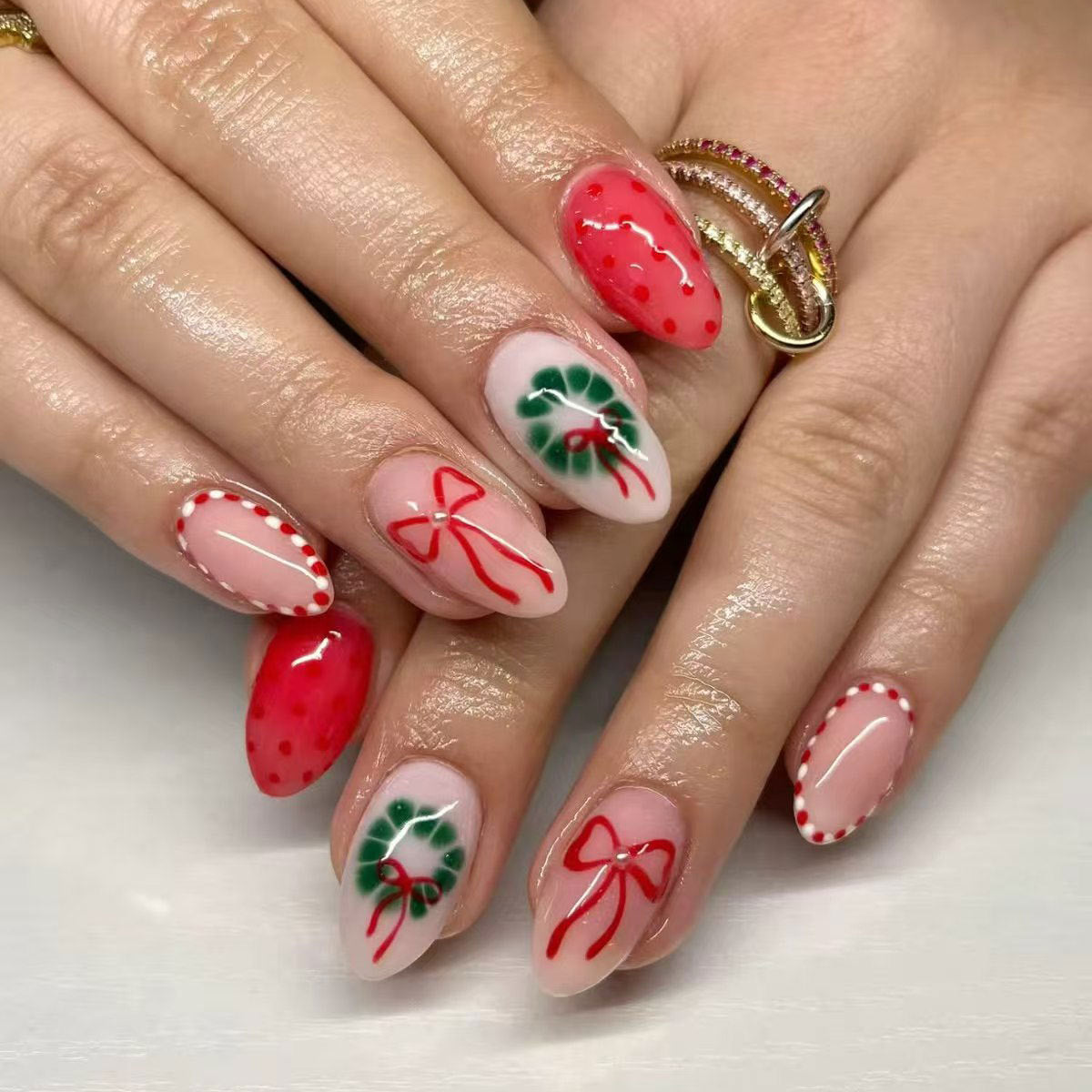Festive Elegance Long Almond Shape Bright Red with Charming Holiday Bow and Holly Design Press on Nail Set