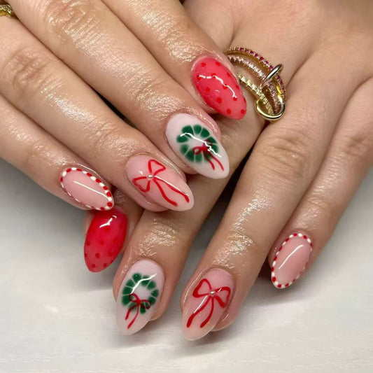 Festive Elegance Long Almond Shape Bright Red with Charming Holiday Bow and Holly Design Press on Nail Set