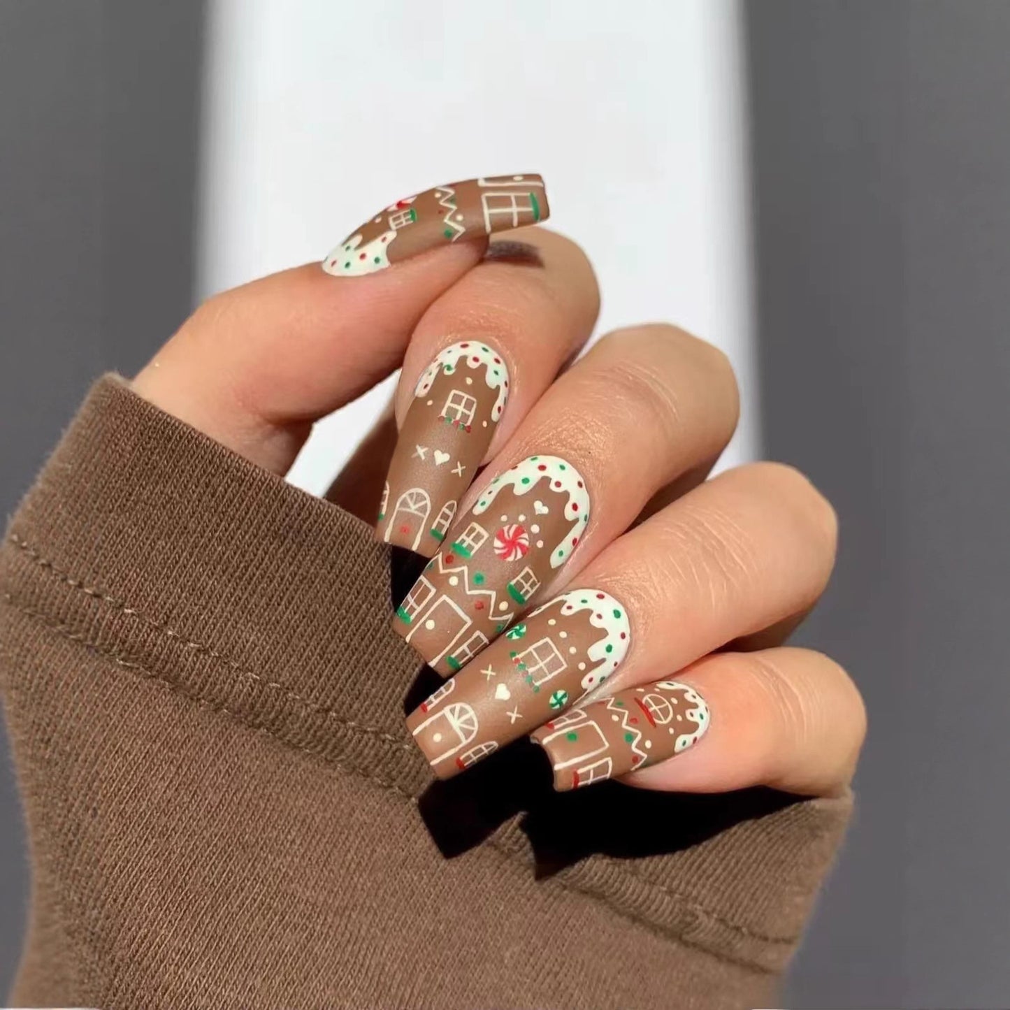 Gingerbread Dream Long Square Brown Press-On Nail Set with Festive Holiday Designs