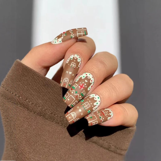 Gingerbread Dream Long Square Brown Press-On Nail Set with Festive Holiday Designs