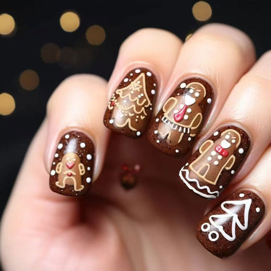 Festive Charm Short Square Brown with Gingerbread and Christmas Tree Designs Press On Nail Set
