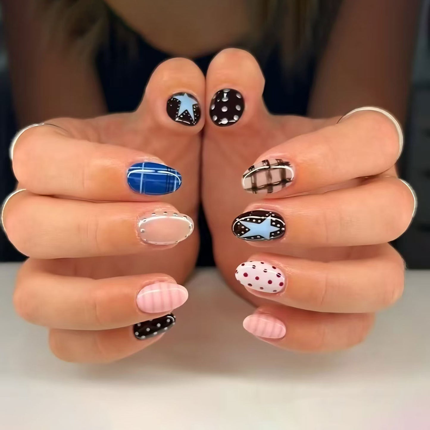 Charming Wonderland Medium Almond Multicolor Press On Nail Set with Unique Patterned Designs