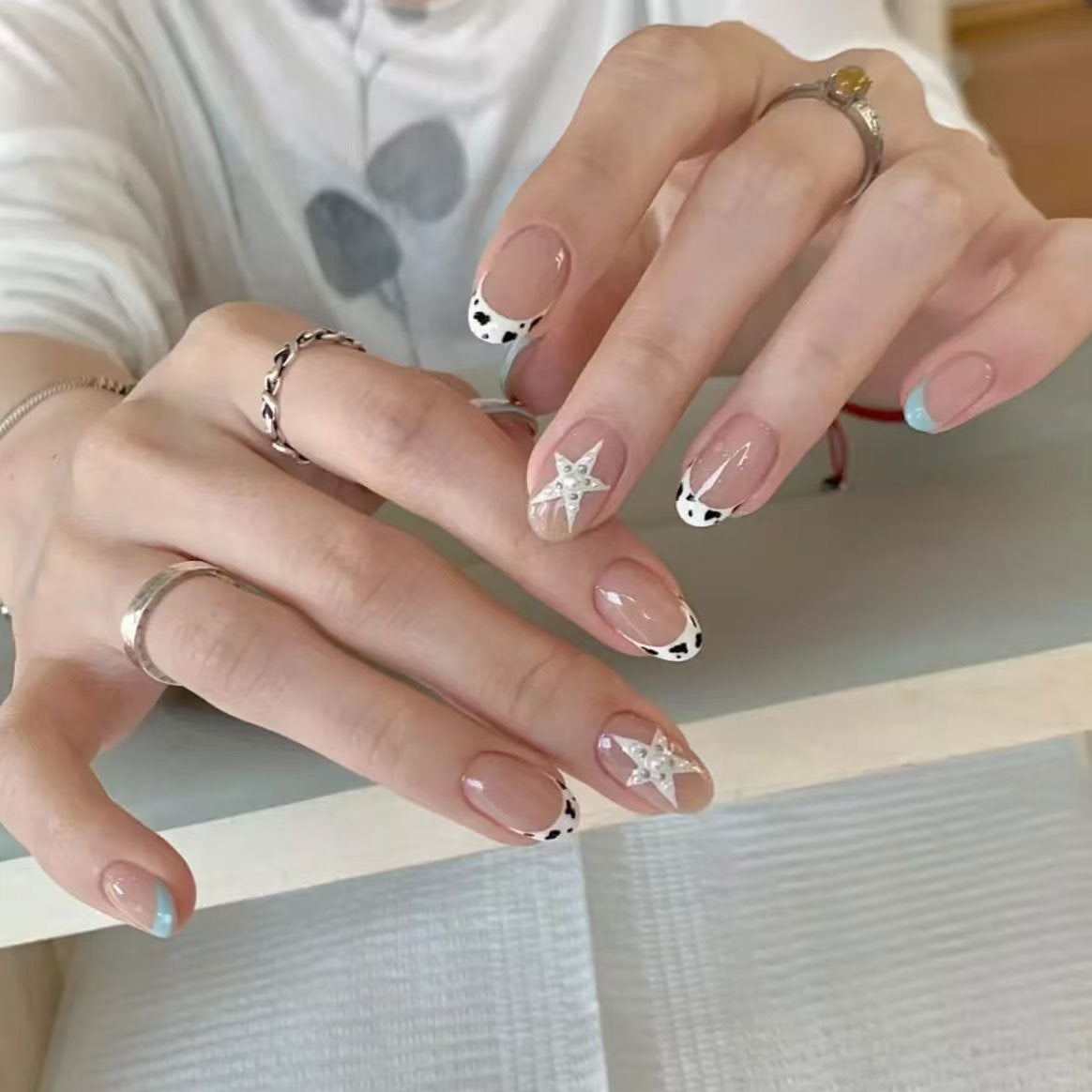 Cowgirl Chic Long Oval Beige Press On Nail Set with Star and Dalmatian Tips