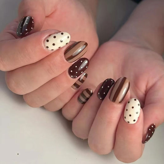 Choco Delight Medium Oval Brown and Cream Polka Dot Press On Nail Set