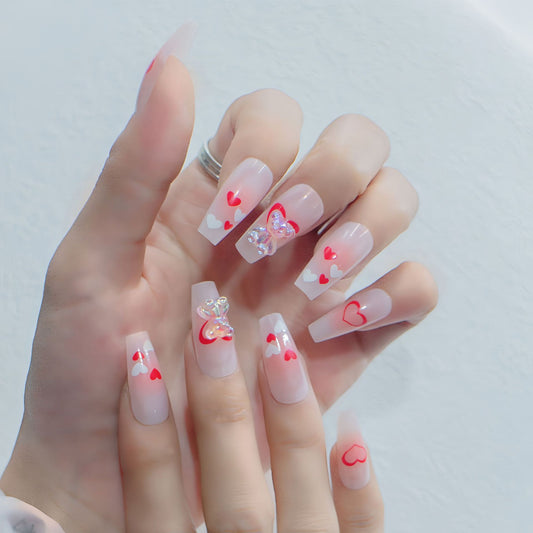 Romantic Affair Long Coffin Pink Ombre Press On Nails with Love Heart Accents and Rhinestone Embellishments