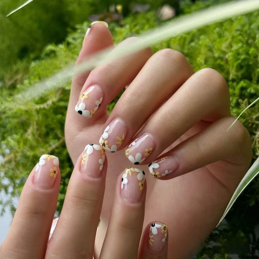 Enchanted Garden Floral Square Short Length Pastel Pink Press On Nail Set with 3D Embellishment