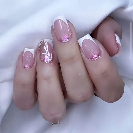 Soft Elegance Medium Square Beige with Pink Glitter Ombre Press On Nail Set