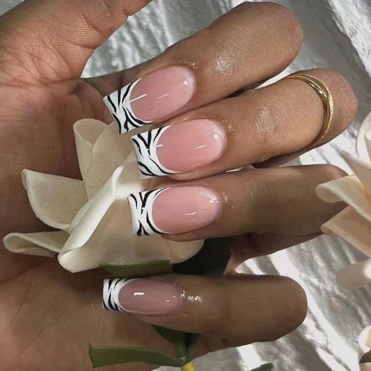 Safari Elegance Medium-Length Square Light Pink Press On Nail Set with Zebra Accent Art