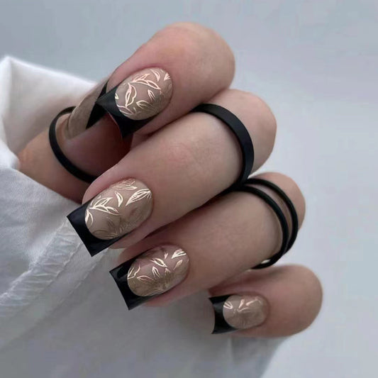 Modern Medium Square Black and Beige Floral Press On Nail Set