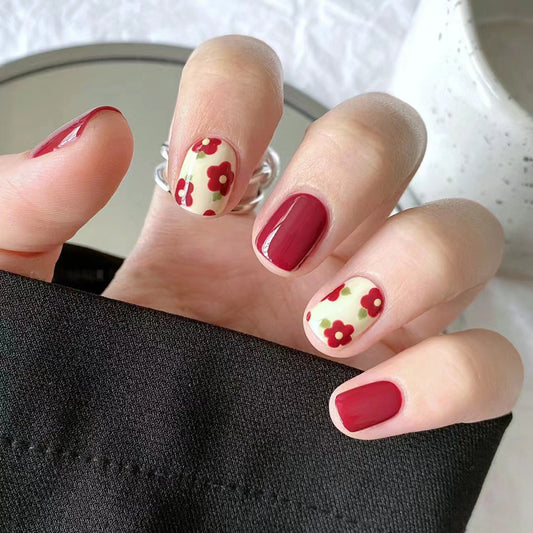 Floral Fantasy Short Length Oval Press On Nail Set in Burgundy and Cream with Flower Accents