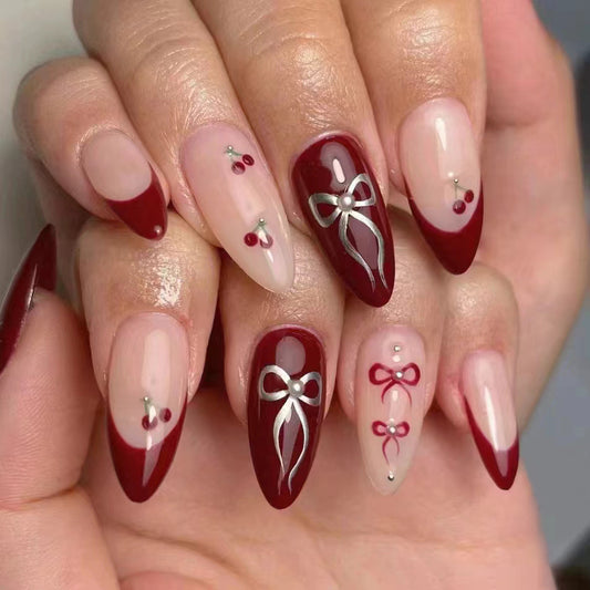 Elegant Affair Long Almond Deep Red and Beige Press On Nail Set with Bow and Jewel Embellishments