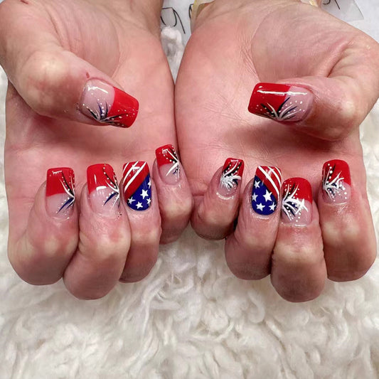 Patriotic Elegance Long Square Red White and Blue Star-Spangled Press-on Nail Set with Glitter Accents