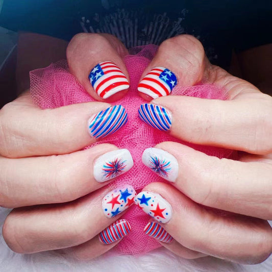 Patriotic Parade Medium Length Square Shaped Red White and Blue Press On Nail Set with Firework Accent Designs