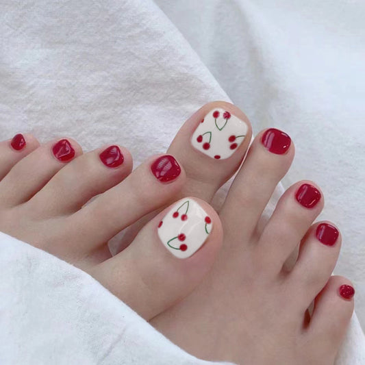Cherry Blossom Chic Short Square Classic Red and Cherry Accent Press On Toenail Set