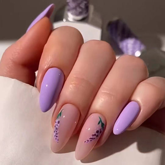 Lavender Bliss Long Almond Press On Nail Set with Dual-Tone Design and Floral Accents