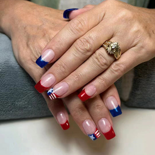 Patriotic Elegance Long Coffin Red White Blue Color Block Press On Nail Set with Star Accent