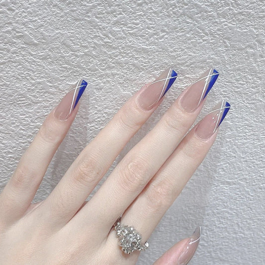 Elegant Geometric Elegance Long Coffin Beige Press On Nails with Blue Accent Stripe Design