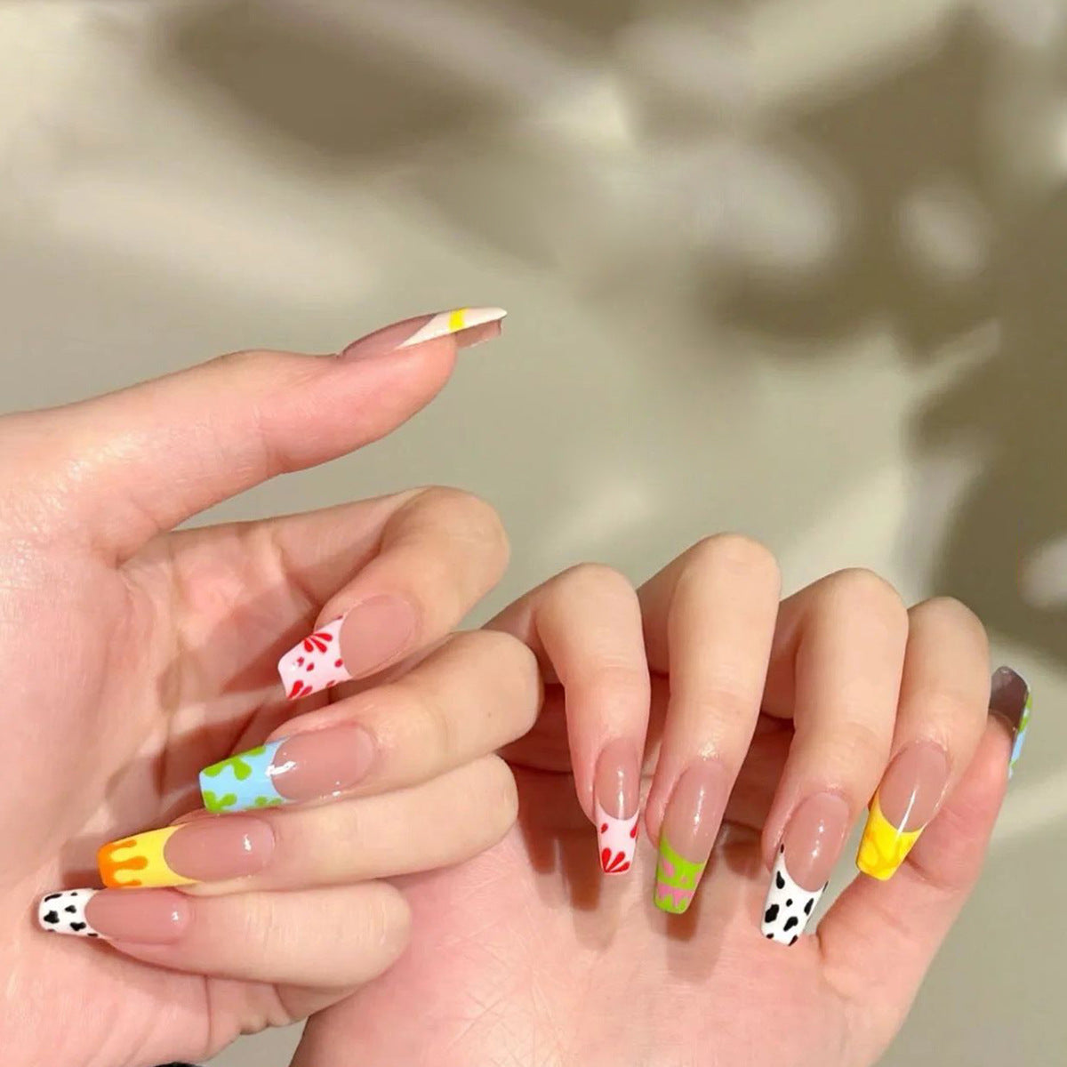 Funky Fiesta Long Coffin Multicolor Press On Nail Set with Playful Patterns and Accents