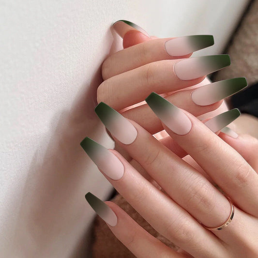 Enchanted Forest Long Coffin Dual-Tone Press On Nail Set, Matte Green Tips with Beige Base, Easy Application
