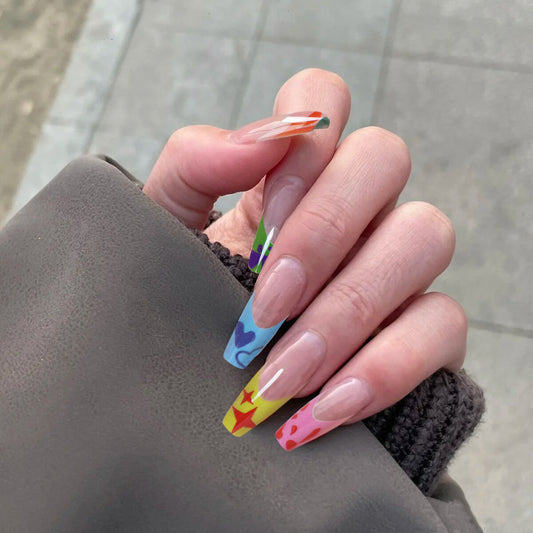 Abstract Art Extravaganza Long Coffin Multicolor Press On Nail Set with Unique Graffiti Design