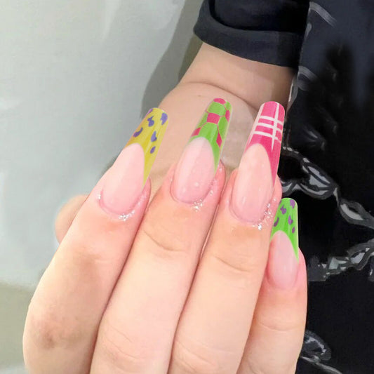 Spring Fling Long Coffin Multicolor Press On Nail Set with Geometric Patterns