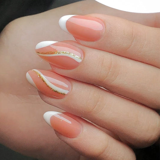 Elegant French Manicure Long Almond Pink Press On Nails with White Tips and Gold Glitter Accent