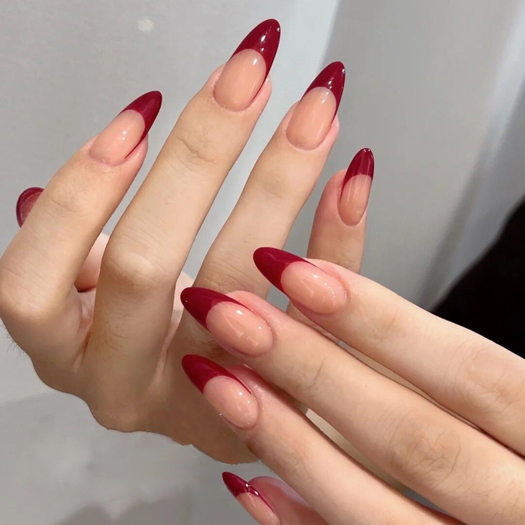 Elegant Evening Ombre Long Almond Press On Nails in Burgundy to Beige Fade with Glossy Finish