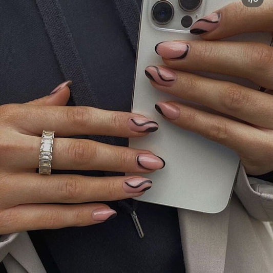Elegant Affair Medium Oval Beige and Black Swirl Accent Press On Nail Set