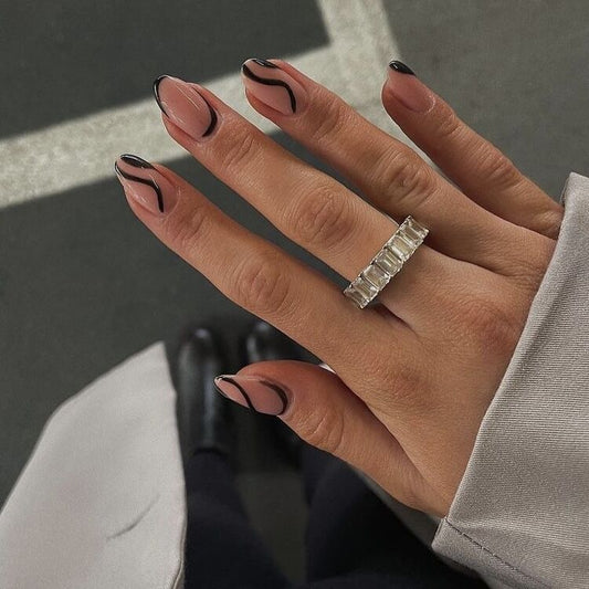 Elegant Chic Medium Almond Black and Beige Press On Nails with Abstract Art Design