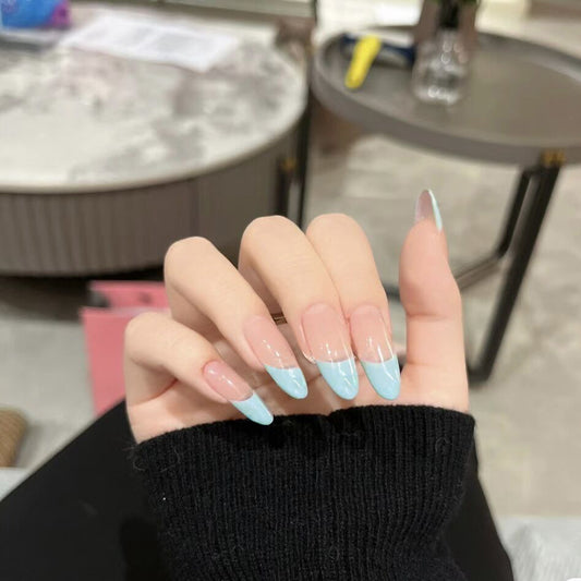 Tropical Escape Long Almond-Shaped Pink and Blue Ombre Press On Nail Set with Gloss Finish