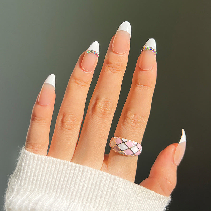 Too Glam For You Long Almond White Studded Press On Nails