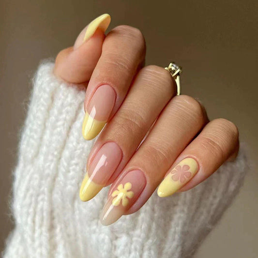 Fresh As A Daisy Long Almond Yellow French Tips Press On Nails