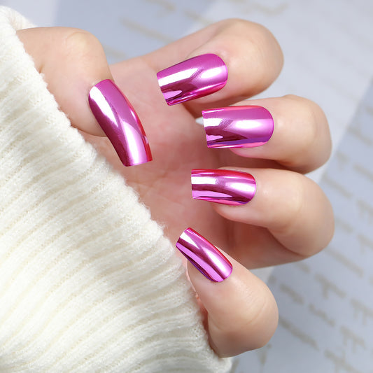 Glamorous Glow Medium Square Shape Pink Mirror Shine Press On Nail Set