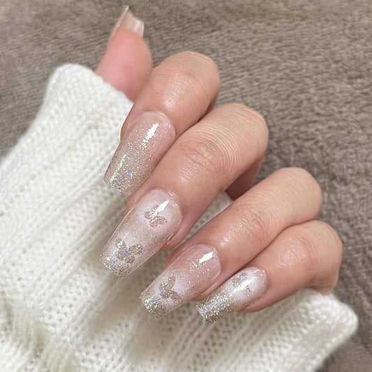 Elegant Sparkle Long Square Beige Glitter Accent Press on Nail Set