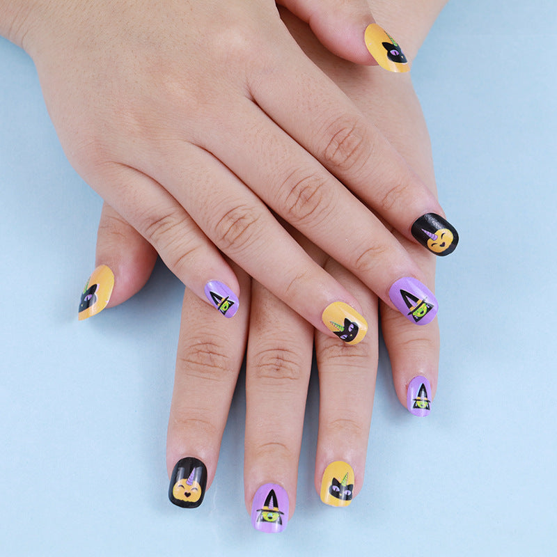 Enchanted Halloween Short Length Squoval Press On Nails Set with Purple and Yellow Gradient and Black Cat Accents