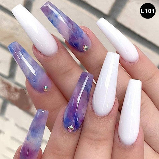 Have It Easy Long Coffin White Cute Press On Nails