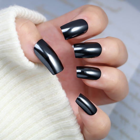 Midnight Glamour Medium Square Jet Black Press On Nail Set with Glossy Finish