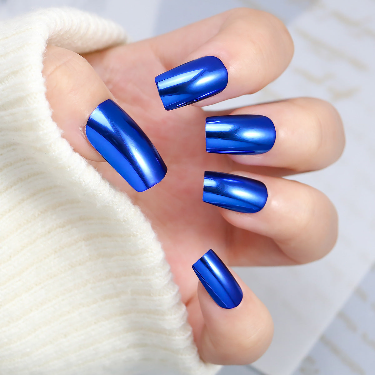 Ocean Dreams Medium Square Shape Metallic Blue Press On Nail Set with High-Shine Reflective Finish