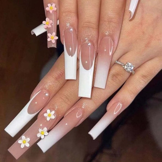 3D Flowers Long Coffin Pink Floral Press On Nails