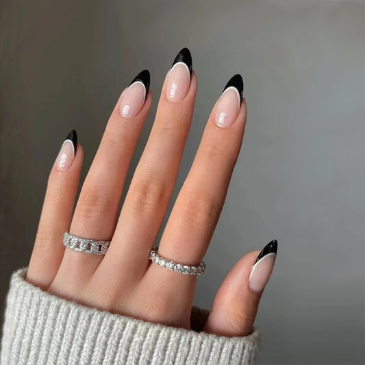 Elegant Evening Long Almond Black and Beige French Tip Press On Nails with Glossy Finish