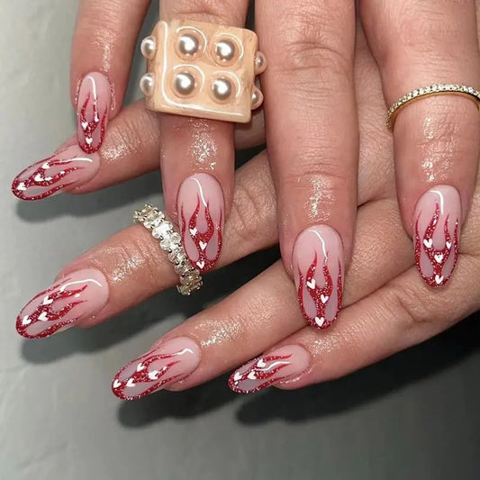 Protein Hearts Short Oval Pink Flames Press On Nails
