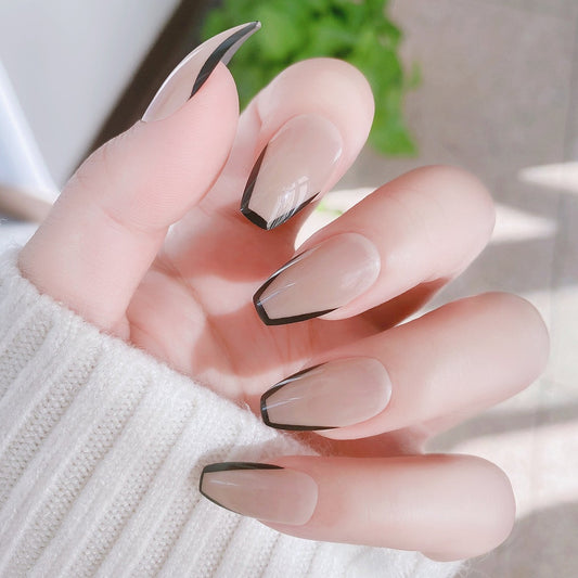 Cat Eye Short Coffin Beige French Tips Press On Nails
