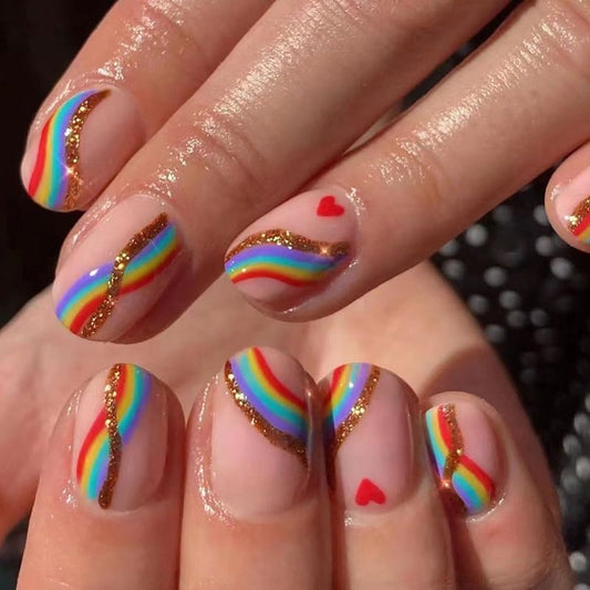 Rainbow Road Short Oval Multicolor Cute Press On Nails