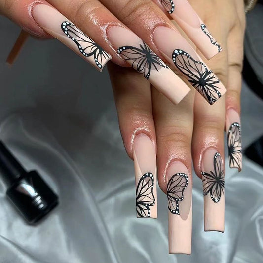Pretty For The Weekend Long Coffin Beige Butterfly Press On Nails