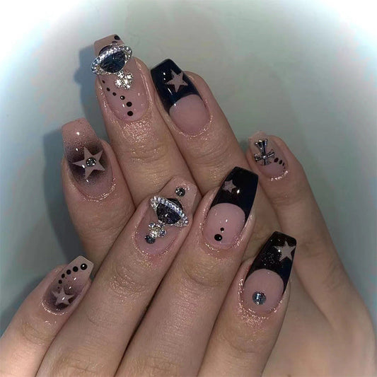 Star Crossed Saturn Long Coffin Black Astrology Press On Nails
